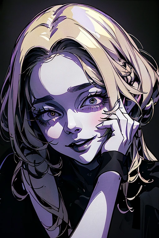 Highest quality, (Background details), High Contrast, One very beautiful woman, Detailed original illustrations、White sundress、Functional、Delicate face、Platinum Blonde Hair、Alluring、Villainess、sexy、Real breasts、Crazy Smile, Crazy Eyes, Elf, Head close-up, Black Robe, Black background, (Black background: 1.5), Beautiful line drawing、Monochrome