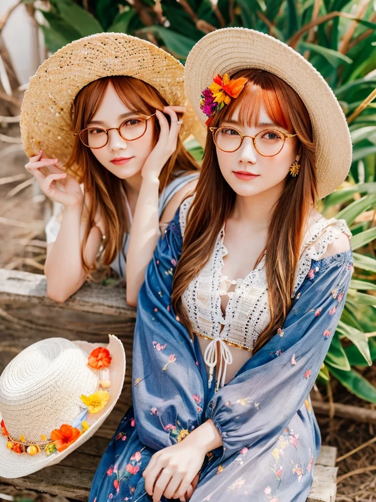 1girll, Solo, starfish, seashell, shells, flower, Hat, hair adornments, jewelry, Straw hat, view the viewer, sunglasses, hatflower, drinking straw, hair pin, Earrings, Red flower, Colored glasses, yellowflower, bangs, multicolored hair, orangeflower, ring, Ccup, Long hair, orange-tinted eyewear, food, Portrait, shell hair ornament