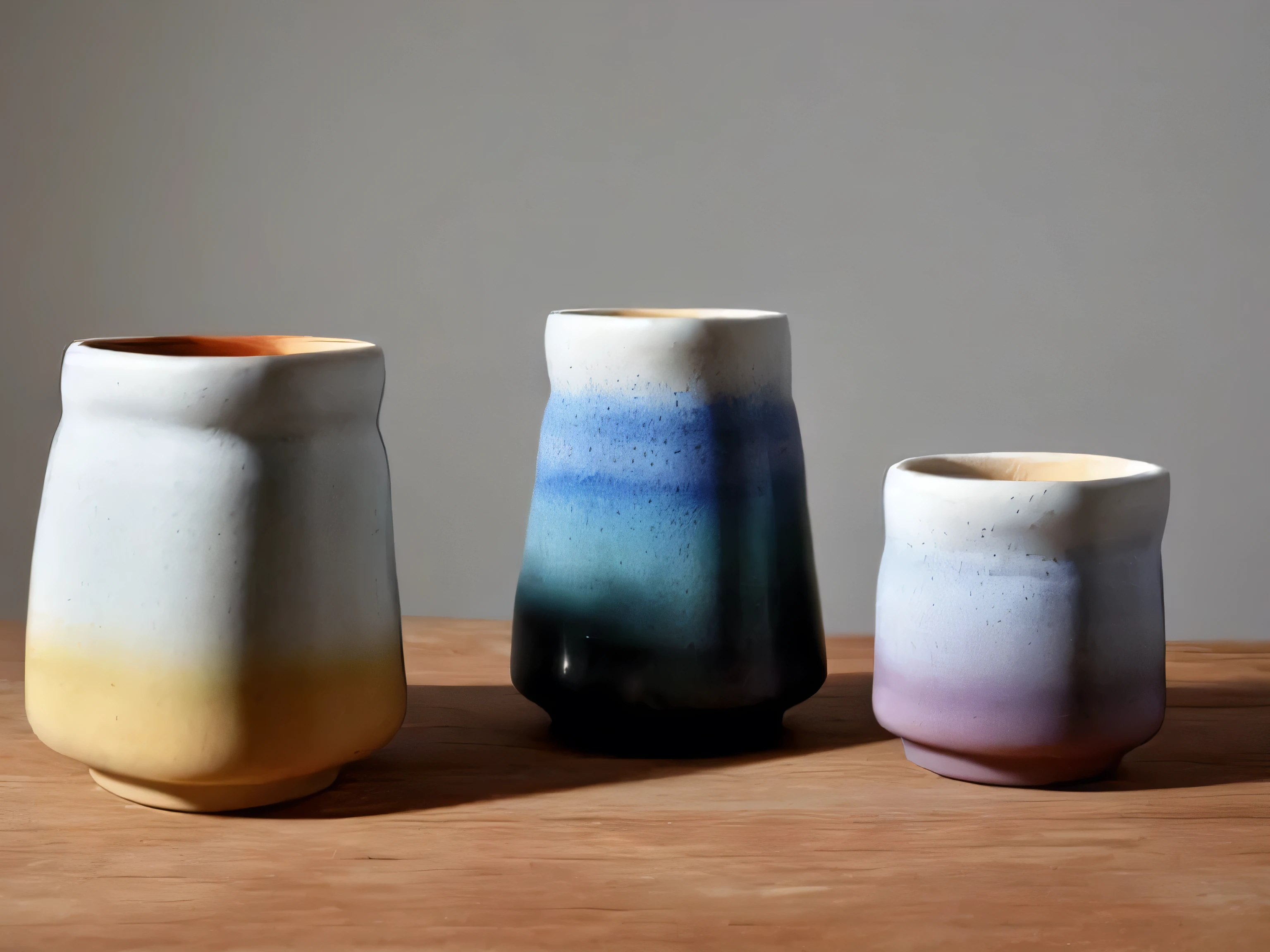 (Still),Colored glaze ceramics, containers,Vision,Lots of white space,(masterpiece), (best quality), Simple background, Rule of Thirds, (Still) Colored glaze ceramics, Backlight, real life, lifelike, actual, no humans, wood