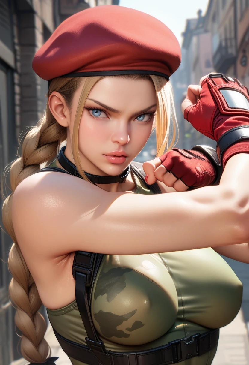 Cammy,blue eyes, blonde hair, gloves, hat, braid, fingerless gloves, leotard, lips, muscular, beret, highleg, scar, red headwear, scar on face, highleg leotard, red gloves, camouflage, harness, thong leotard, green leotard, chest harness,,perfect hands, perfect finger,perfect anatomy, masterpiece, best quality,realistic, hyperrealistic, 16k hdr,1girl, medium breasts,see through nipples,fighting pose, upper body, outdoor