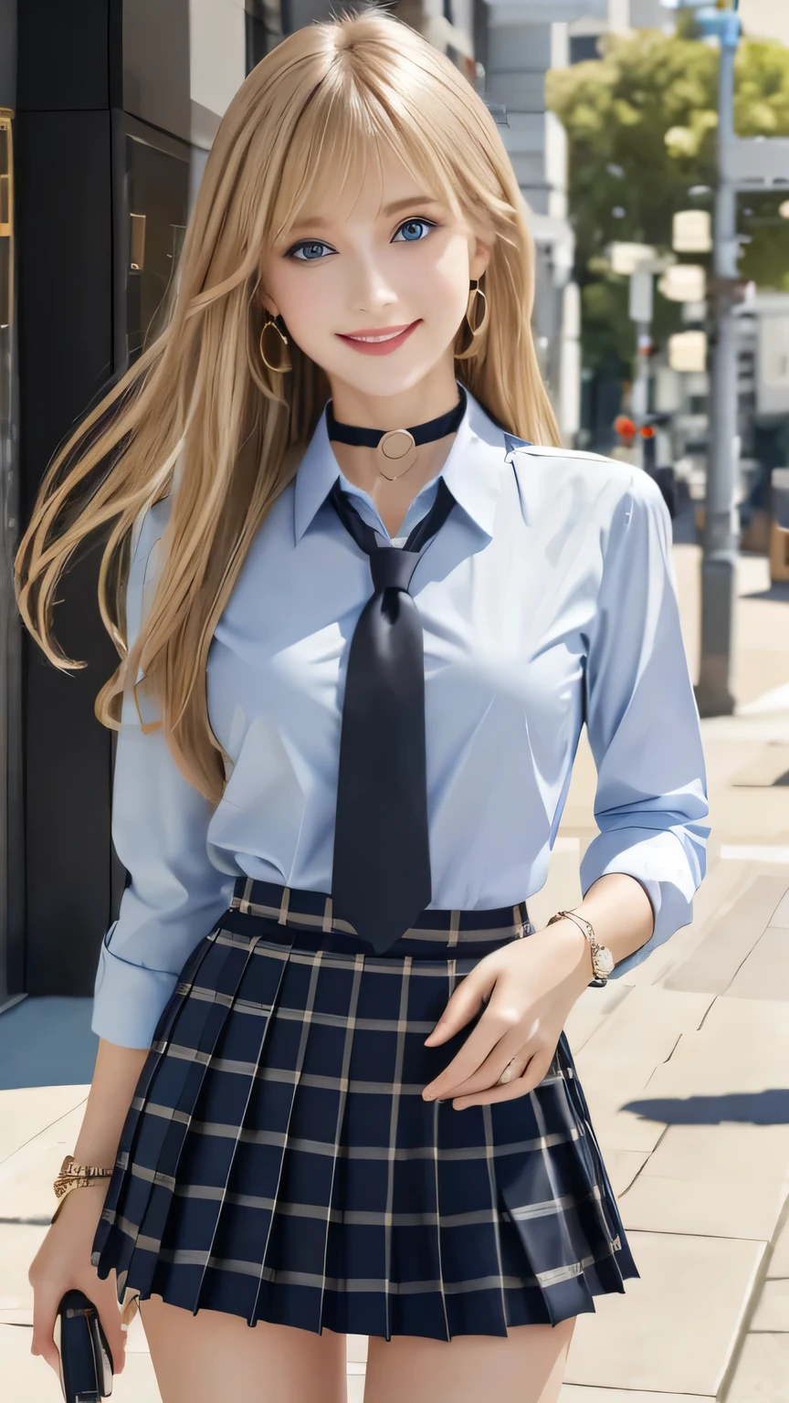 masterpiece, Highest quality, whole body, One girl, bangs, black choker, black tie, (Blonde:1.2), blue skirt, blush, bracelet, chest, choker, clothes The surrounding area waist, clavicle, collared shirt, Cowboy Shot, dress shirt, ear Earrings, Eyebrows visible through hair, Gradient Hair, Grin, Improve, jewelry, Kogal, Long Hair, View your viewers, loose tie, tie, Earrings, Plaid, Plaid skirt, pleated skirt, (blue eyes:1.2), ring, , shirt, skirt, smile, alone, white shirt, street, null, cherry blossoms, petal,figure, (magazine:1.3), (cover-style:1.3), woman, Vibrant, Costume, Pause, front, colorful, dynamic, background, element, have confidence, Performance, Holding, statement, accessories, Majestic, Coiled, The surrounding area, touch, scene, cover, bold, to attract attention, title, stylish, font, Catchy, big, impressive, Modern, trend, concentrated, fashion,