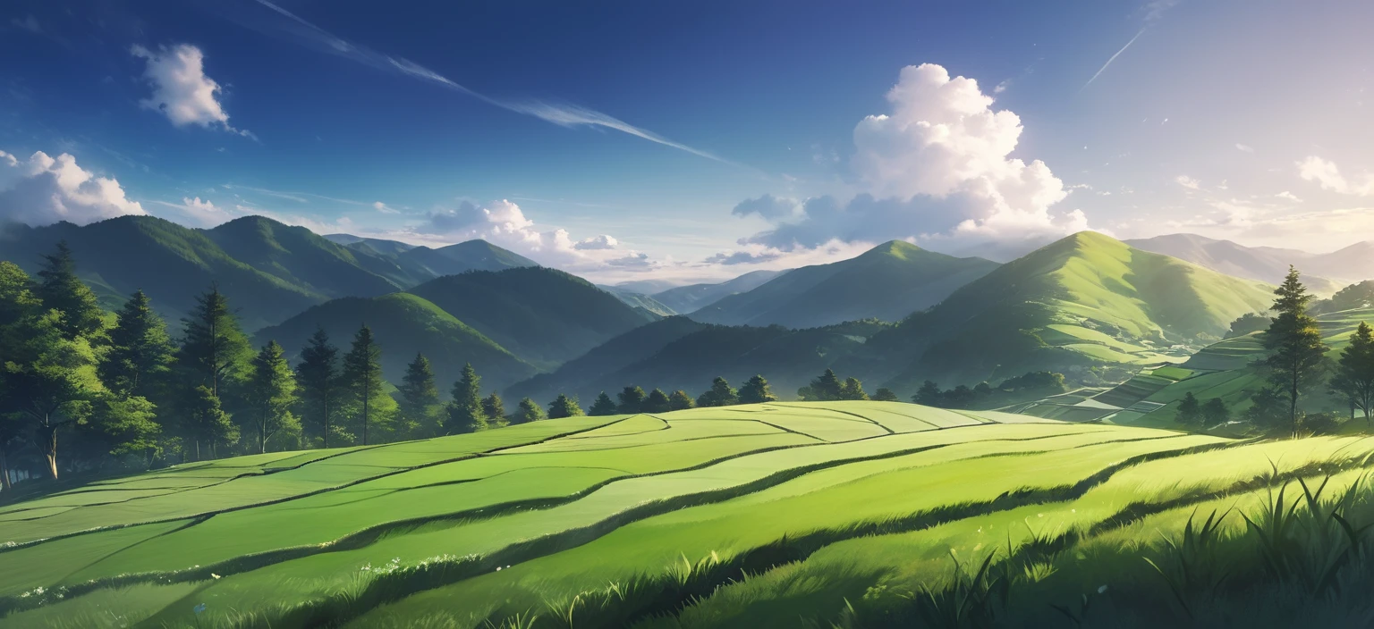 Layers of hillsides,Take up the whole picture,Blue and black color scheme,Moonlit hillside,serenity and calm,Fresh and natural,Large expanses of hillside turf,The hillside reaches from near and far to the sky,Estilo de Makoto Shinkai,scenecy,high qulity,Tall hillside turf