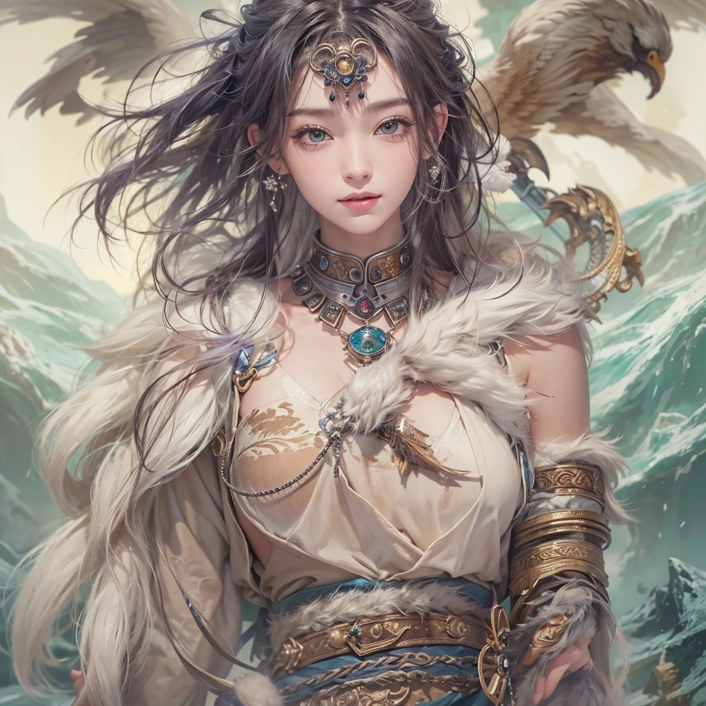 Hiding in the snowy mountains、Hair flow、 ((Highest quality、masterpiece、8K、Best image quality、Ultra-high resolution、Award-winning works)、(Accurate anatomy:1.1)、(Look at me and smile:1.1)、Shining fair skin with Ultra-high resolution、The most detailed face、Ultra-high resolution detailed face、Ultra-high resolutionの髪の毛、(Ultra-high resolutionの煌めく瞳:1.1)、Beautiful face drawn in every detail、(Blurred Background:1.1)、Ancient Inuit clothing, Chest to chest, tattoo, Old ruins in the background、Apart from the real giant eagle
