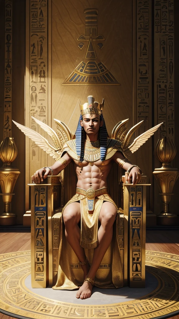 Create a realistic illustration of an ancient Egyptian Pharaoh with a crown and royal attire, surrounded by ornate hieroglyphics in the background. gold diamond, realistic, pixar,ultra HD, full body, majestic throne, angels