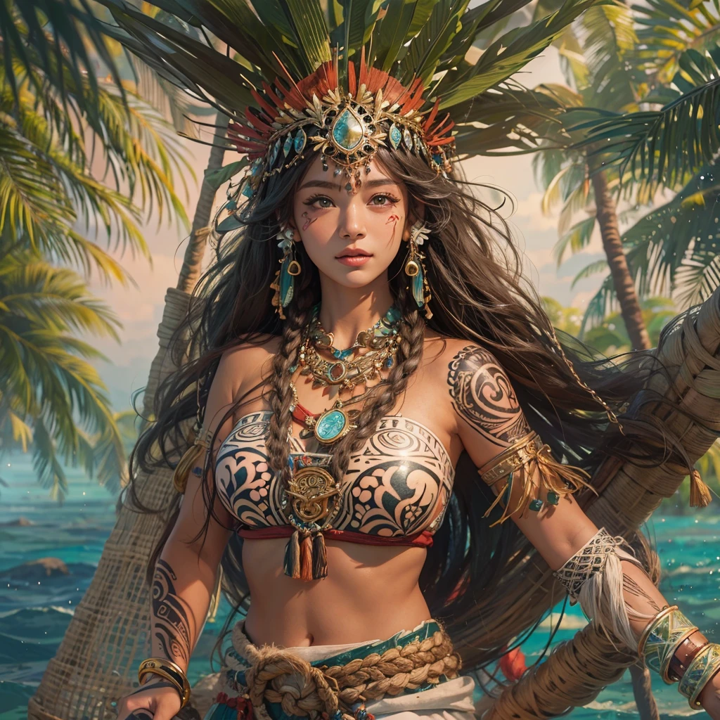 Polynesian Sea、Hair blowing in the wind 、 ((Highest quality、masterpiece、8K、Best image quality、Ultra-high resolution、Award-winning works)、(Accurate anatomy:1.1)、(Look at me and smile:1.0)、Shining fair skin with Ultra-high resolution、The most detailed face、Ultra-high resolution detailed face、Ultra-high resolutionの髪の毛、(Ultra-high resolution eye:1.1)、Beautiful face drawn in every detail、Polynesian Costume,Small breasts,  Polynesian Tattoo,  Polynesian canoe、Wearing Polynesian costumes:1.2.