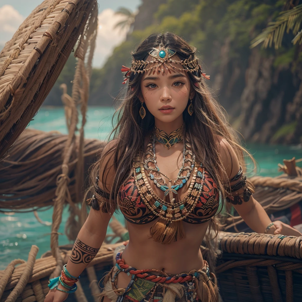 Polynesian Sea、Hair blowing in the wind 、 ((Highest quality、masterpiece、8K、Best image quality、Ultra-high resolution、Award-winning works)、(Accurate anatomy:1.1)、(Look at me and smile:1.0)、Shining fair skin with Ultra-high resolution、The most detailed face、Ultra-high resolution detailed face、Ultra-high resolutionの髪の毛、(Ultra-high resolution eye:1.1)、Beautiful face drawn in every detail、Polynesian Costume,Small breasts, Polynesian Tattoo, Polynesian canoe、Wearing Polynesian costumes:1.2.