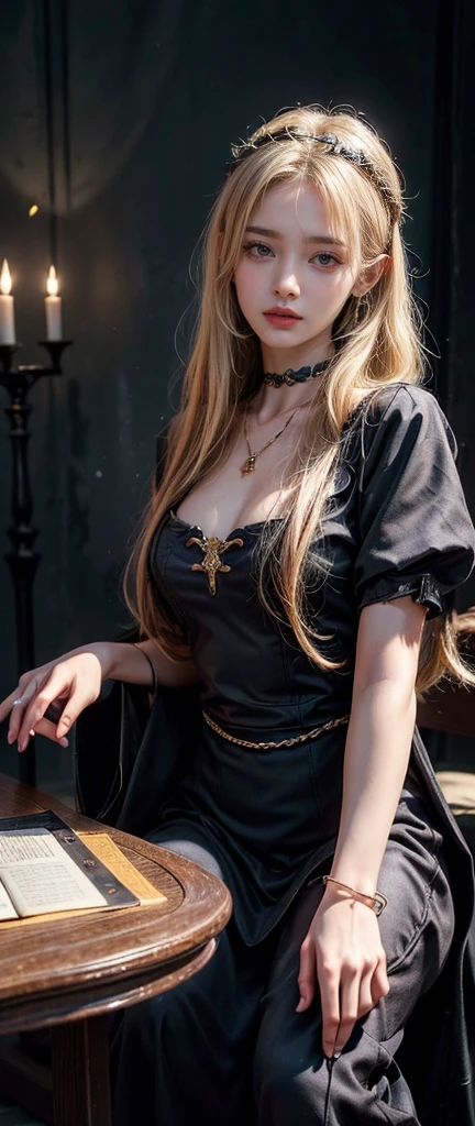 ((masterpiece, Highest quality, Best image quality, High resolution, Realistic, RAW Photos, 8K)), Tarot Cards, Tolkien, middle earth, (masterpiece:1.2), (Highest quality,:1.2), 8K, Very detailed, Surreal, Cinema Lighting, Ambient Lighting, Bridget, As a fortune teller, length, disheveled blonde hair, earring, choker, necklace, jewelry, ring, Dark lipstick, Heavy makeup, Circlet, Sit in the back! table, One! tableの上の占いの球, One! tableの上の頭蓋骨, Candles, In a small dark medieval room, View your audience,