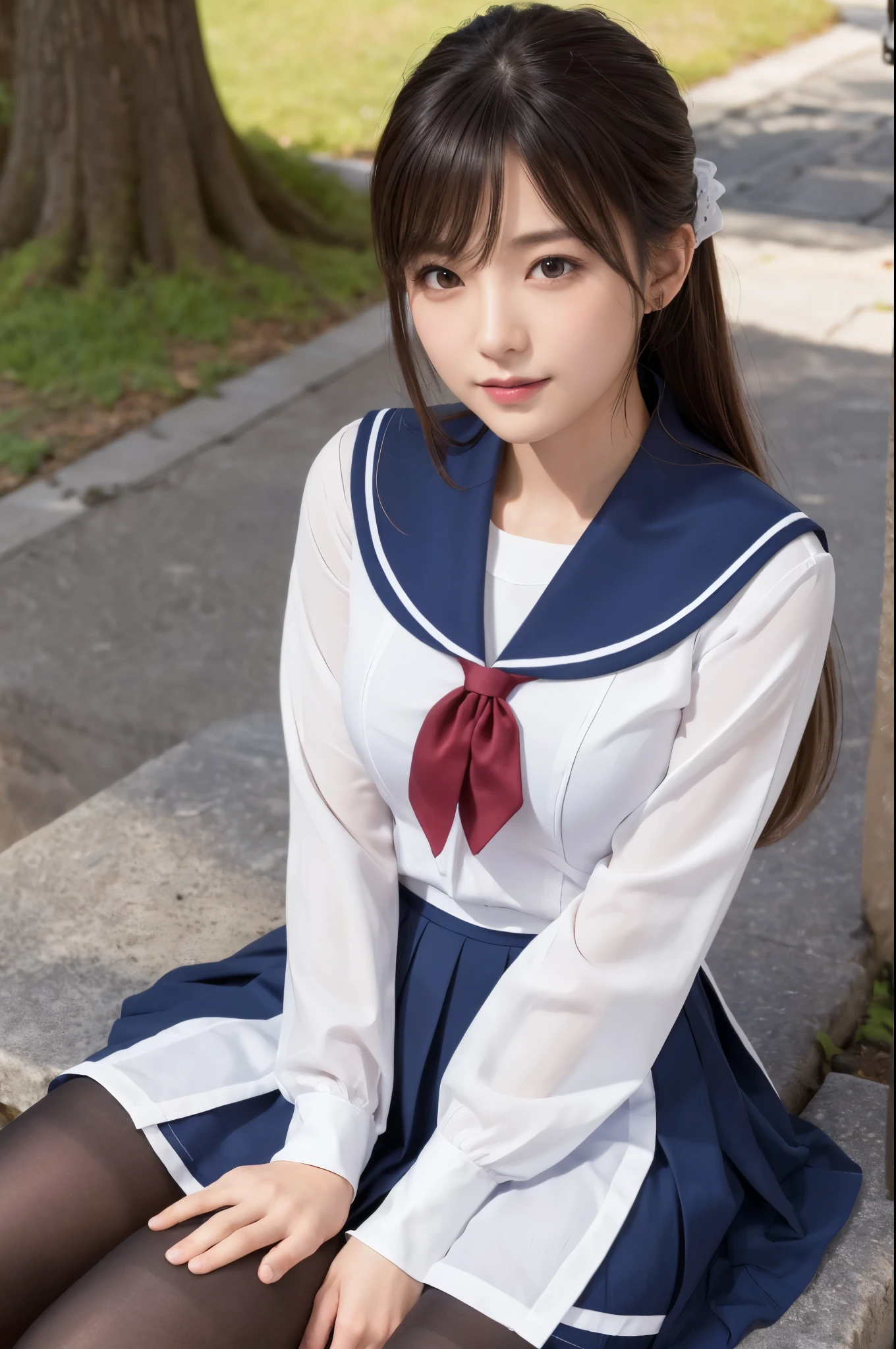 (((masterpiece))), (((Highest quality: 1.4))), ((Very detailed: 1.4)) , Super realistic in summer uniform, ****************、Seraphim、seifuku, Color Sailor Uniform, Japan , A seductive smile、Japanese ido、Skirt and thighs、Sitting on the lawn、Sitting, (Wearing pantyhose、Ultra-realistic pantyhose)、RAW Photos, (In 8K、Highest quality、masterpiece:1.2)、(Intricate details:1.4)、(Photorealistic:1.4)、Octane Rendering、Complex 3D rendering with ultra-detail, Studio Soft Light, Rim Light, Vivid details, Super Detail, Realistic skin texture, Very detailedな CG Unity 16k 壁紙, compensate, (Detailed Background:1.2),　Glowing Skin、looked back、Exposed thighs!!!、