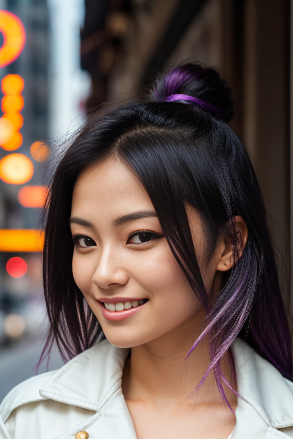 arafed woman with long black hair with purple high lights in a straight jacket, flowing black hair purple high lights, with black hair, photo of a beautiful woman, long flowing black hair, black golden hour, curly pink hair, beautiful young asian woman, beautiful asian woman, wild ginger hair, pink wispy hair, light pink hair, a young asian woman, an asian woman, infp young woman, Portrait photo of a 22-year-old french girl in RAW UHD format (Brown-eyed woman) Details (textures! , Hair! , glistering, Color!! , imperfections: 1.1), highly detailed glossy eyes (looking at the camera), DSLR Lighting, SLR camera, Ultra-Quality, sharpness, Depth of field, Film grain (Downtown), Fujifilm XT3, Crystal clear, Frame Center, beatiful face, sharp-focus, neon lighting, bokeh (lit), day time, (open sky), detailed skin pores, oilly skin, suntan, Complex eye details, (((kin a straight jacket))), (((smiling))),((beautiful))