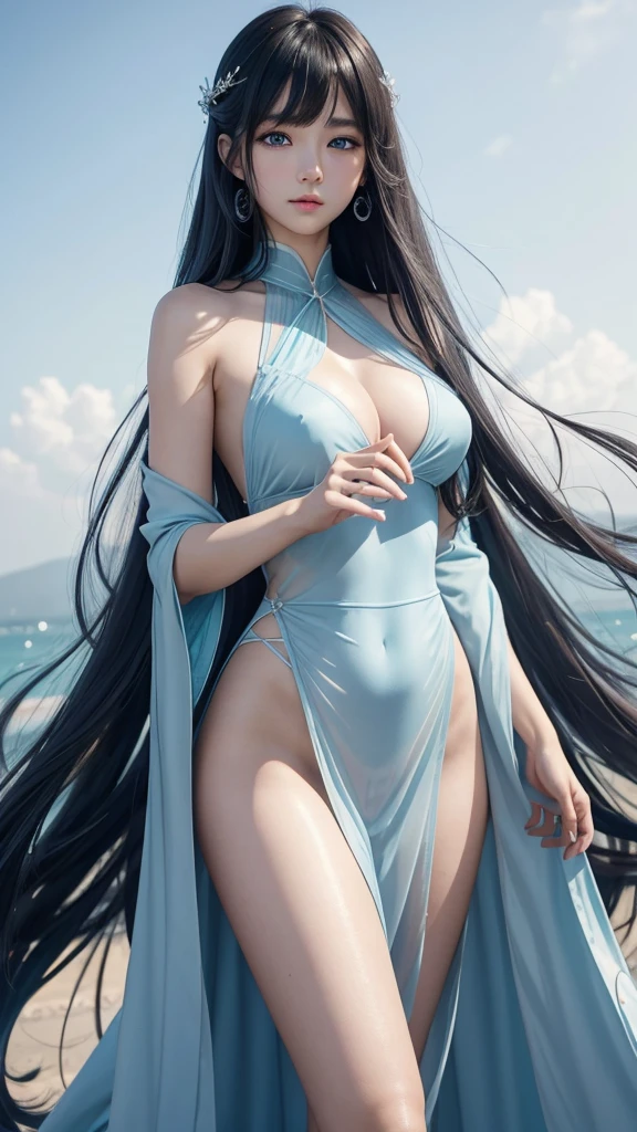 8K、Ultra HD、anime、(A very beautiful female character with beautiful features)、((Beautiful clear blue eyes))、Beautiful long hair、Messy bangs、(((Beautiful and well-proportioned depiction of the whole body)))、(((Beautiful long thin fingers)))、(((Prayer Pose)))、((Wearing a pale blue, shiny, sheer outfit))、((Aries Background))、((Facing forward))、(((I'm directing my gaze here)))、