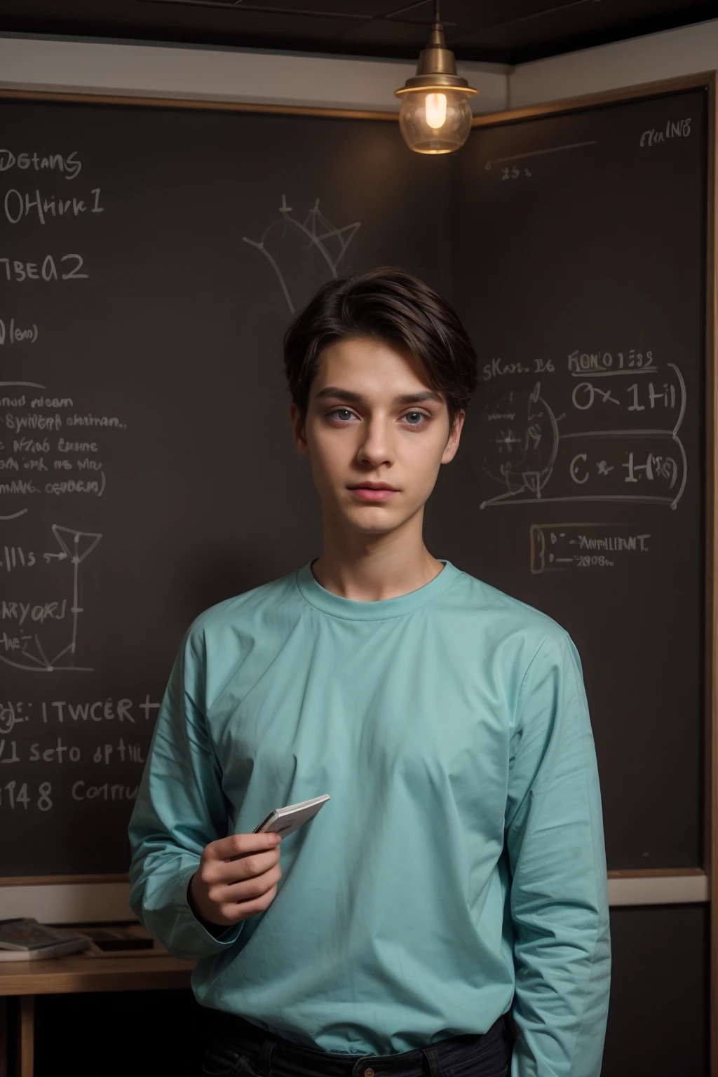 A young beautiful doctor, a twink, a cute male, with a face with make-up on, and he is wearing a long-sleeved aquamarine shirt and black jeans. He is in his luxurious scientific office, and behind him is a blackboard on which neurons and calculus are written, and he looks in amazement and shock, and his eyes have dark circles underneath them, and he is there. Black hair and a red face with makeup