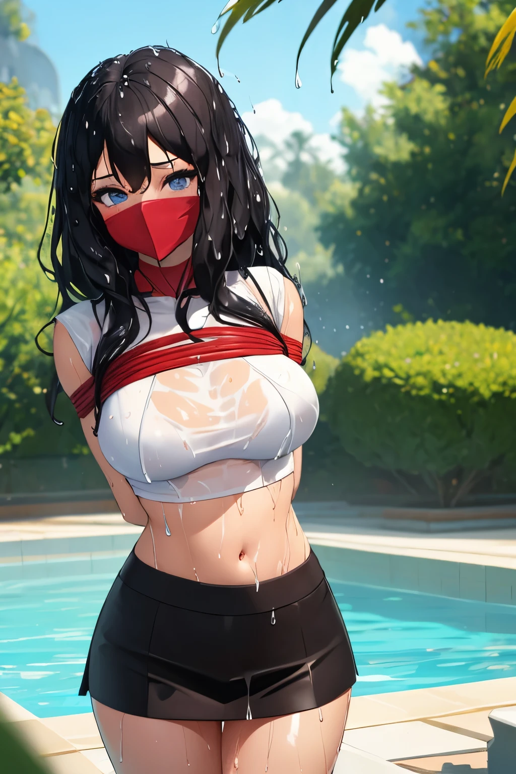 1 girl, detailed blue eyes, lange wimpern, detailed beautiful face, (Long black hair:1.4), (arms behind back:1.6), gefesselte Arme, Red rope, blushing, (Big boobs:1.2), (White crop top, black skirt:1.5), OTN, Gag, gagged, shibari, liegend, nah aufnahmen, standing in deap water, fully in the water, (wet:1.5)