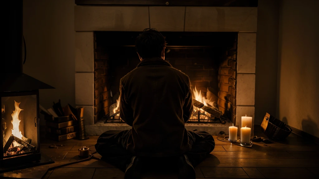 man sitting with his back in fur clothes, sits on the floor and looks at the fire. faces not visible. mystical atmosphere