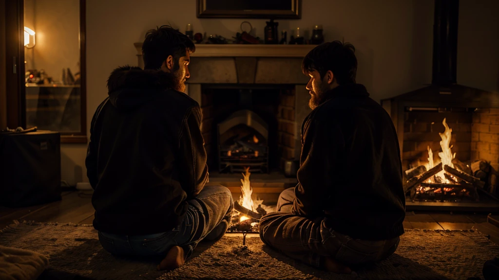 man sitting with his back in fur clothes, sits on the floor and looks at the fire. faces not visible. mystical atmosphere