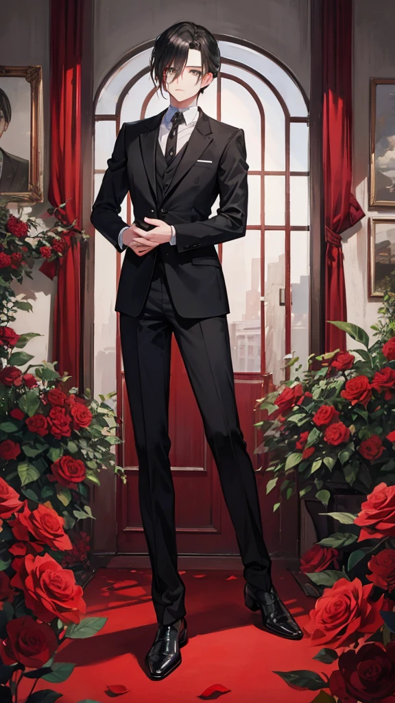 Levi Ackerman in a formal suit, handing a rose to the camera, whole body