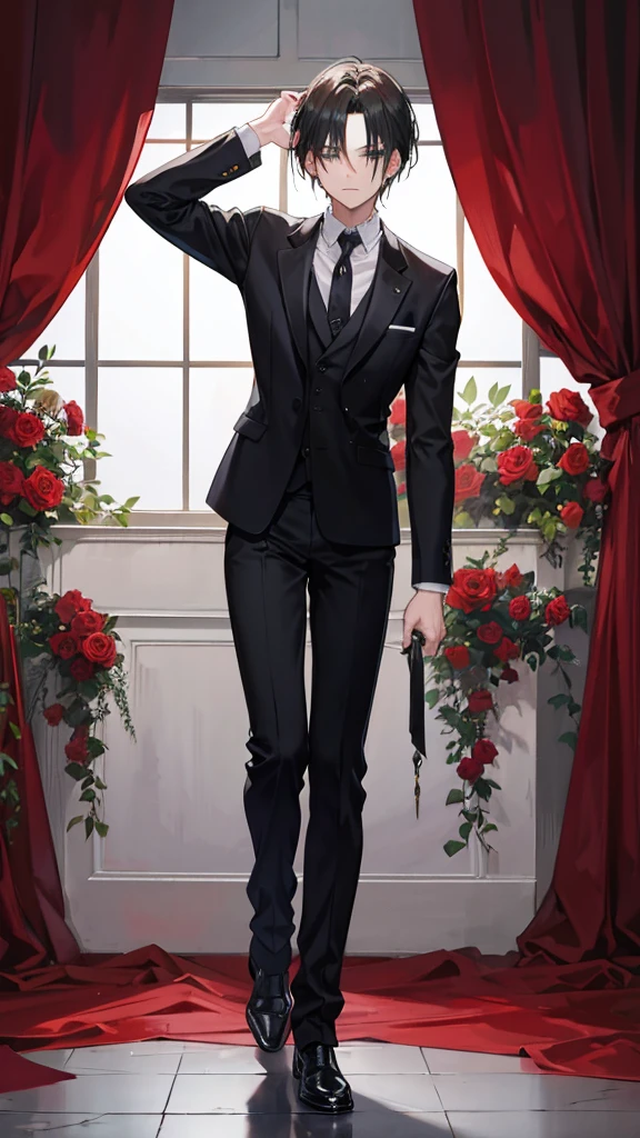 Levi Ackerman in a formal suit, handing a rose to the camera, whole body