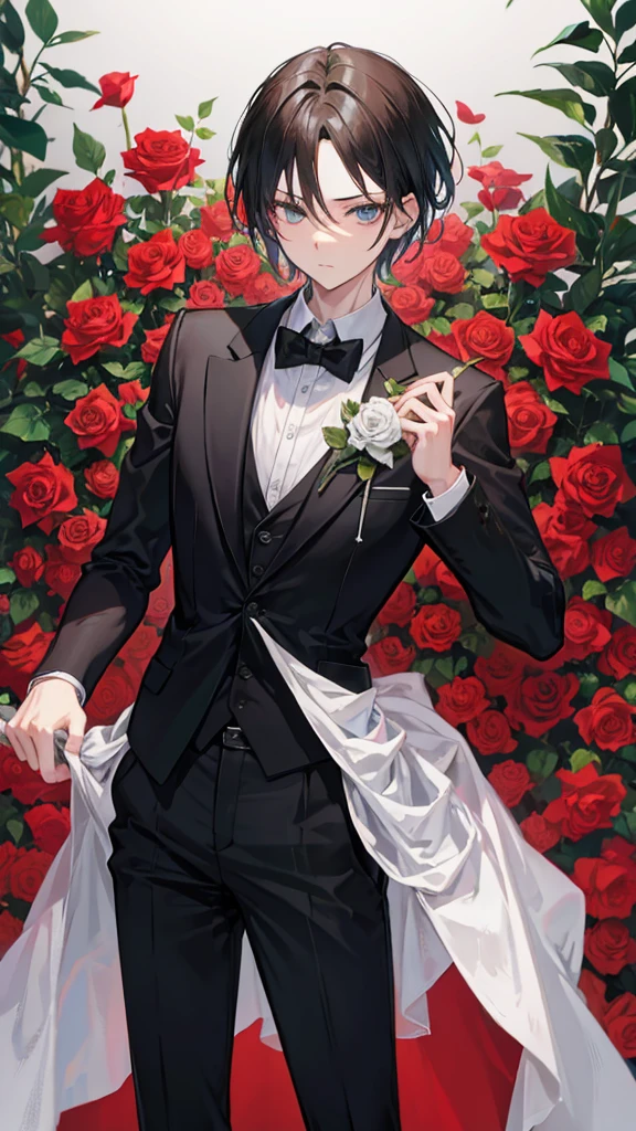 Levi Ackerman in a formal suit, handing a rose to the camera, whole body