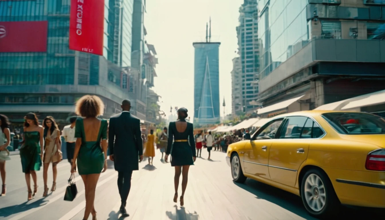 middle ground camera view of many kind of beautiful females walking on the street wearing very sexy short dresses and deep cleavaged futuristic fashion clothes,They are walking in a pedestrian street like fashion models on the catwalk in a megacity at morning time. In the heart of the dysoptian futuristic megacity there are street vendors, candelabra, benches on which people sit, colorful signs, cables.Different futuristic high tech vehicles. Different styled buildings cover the side of the futuristic street, the natural light of the sun illuminates at daytime. Bustling megacity with many skyscrapers in the background, Natural lights, neutral colors, lomochrome, vintage color tones, dramatic, dynamic composition.Lifelike textures, sharp focus, depth of field, cinematic lighting, Contrast lighting, volumetric lighting, best shadows,sharp focus, depth pf field, photorealism, Realism, Cinematic, Photoreal, 35mm film Screengrab a Super Panavision film, in color. best quality , hdr, uhd, 8k, 35 mm film, analog camera shot.