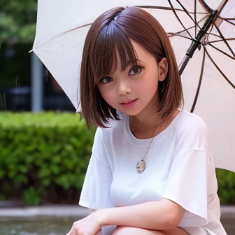 ((It rains、heavy rain:1.2))、(Holding a transparent umbrella with both hands)、(A girl crouching on the street)、A puddle spreads at my feet、(Wet T-shirt:1.2)、mini skirt、Bob Hair、Brown Hair、((Crying face:1.1))、Medium breast、(Beautiful face、Accurate Face、Anatomically correct limbs、Accurate 5-finger)、(Photorealistic quality、Highest quality、masterpiece、16K、Detailed Background)、