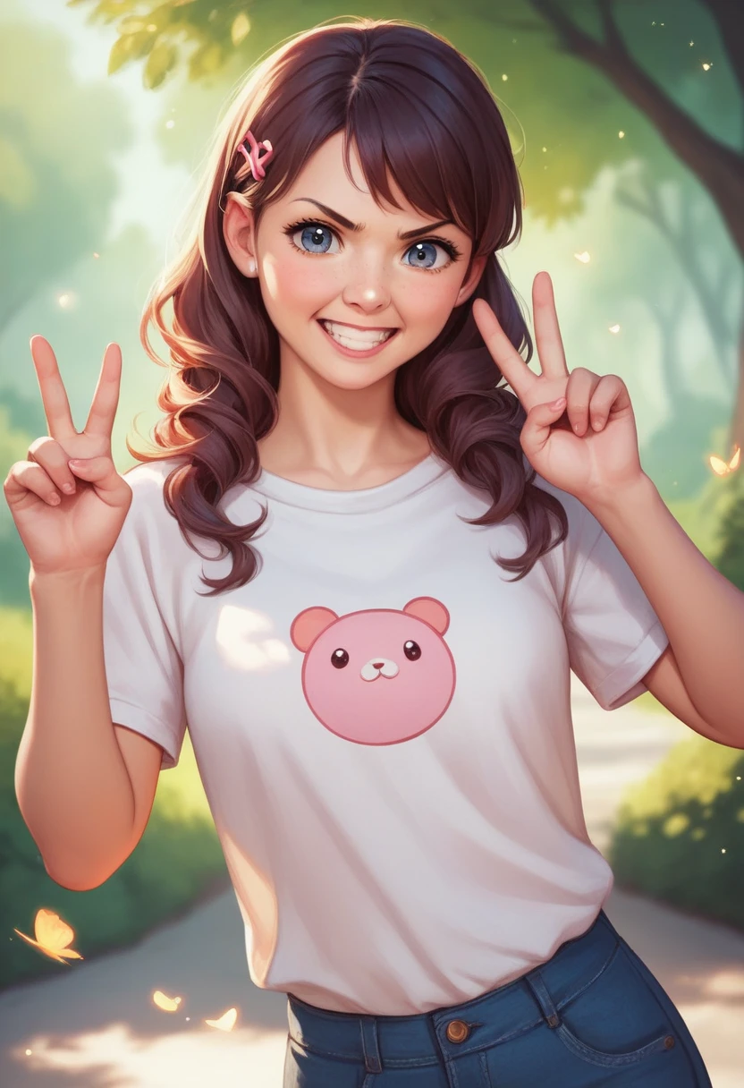 angry,Wear a shirt、cartoon girl holding a peace sign, cute cartoon character, Cute numbers, Cute numbers艺术, Lovely art style, Lovely characters, Realistic cute girl, Character in a natural pose, Lovely and detailed digital art, cute cartoon, Cute kawaii girl, cute cartoon style, Cute anime girl