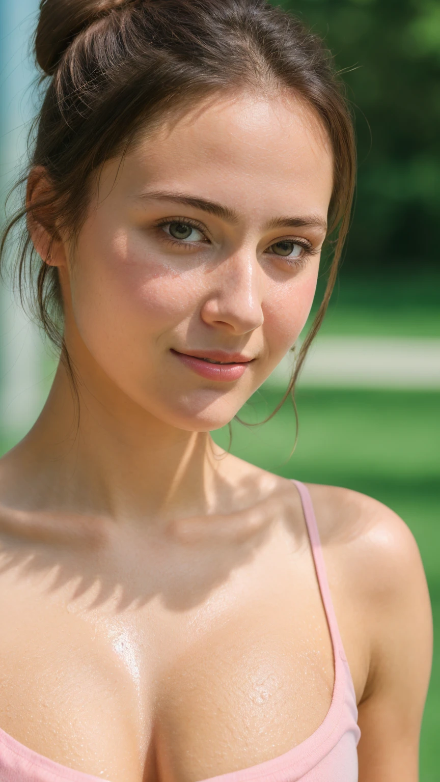 Portraiture, 20 year old brunette german girl, Sexy and attractive expression, Wearing a pink shirt, Messy bun, 8k, highest quality, masterpiece, (Looking into the camera:1.3), photograph, (beautiful), realistic skin, realistic skin texture, big breast, football shape breast, football size breast, long breast nipples, tight breast, breast that looks like full of milk, fair, bright, hot, sweat on breast, milk scrolling from breast, water drops scrolling from face, hot weather, summer,