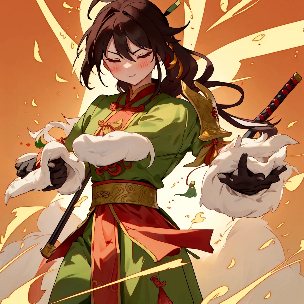 Boys，（Guan Yu：1.5），Mighty and domineering，chibi，armor，（green：0.5），long whiskers，Handheld weapons,（Long-handled knives：1.8），Chinese clothing，whole body