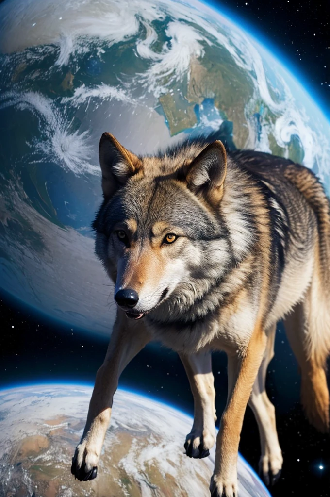 There is a wolf in front of the planet