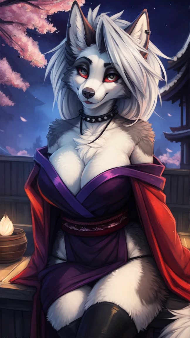 by kenket, Ross Tran, ruan jia, zaush, foxovh, by Zackary911, by hyattlen, by teranen, by fumiko, by Pixelsketcher, by fluff-kevlar, bye r-mk, by Dimwitdog, Furry, Anthro, (oiran), ((prostitute)), (luxurious off-shoulder kimono), (loona), helluva boss, hellhound, kemono, (huge breasts), long (elegant) white hair, hourglass body, revealing outfit, seductive, looking at viewer, gray fur, white fur, traditional japanese, magic fantasy, (mature), milf, tall, curvy, outdoors, cherry blossoms, nighttime, cleavage, tugging on own clothes, (red sclera), light blue iris,