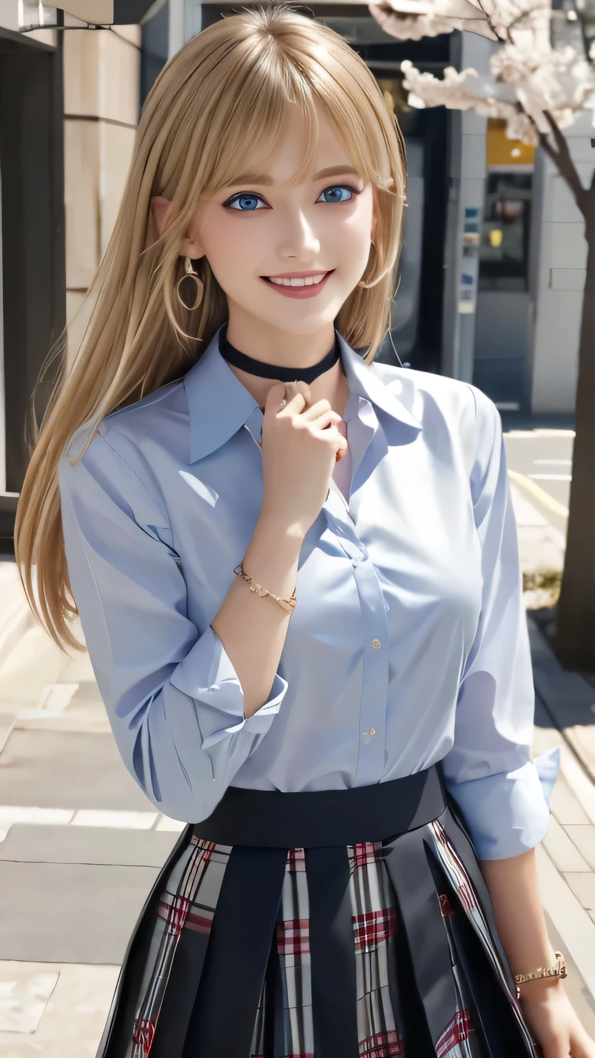 masterpiece, Highest quality, whole body, One girl, bangs, black choker, black tie, (Blonde:1.2), blue skirt, blush, bracelet, chest, choker, clothes The surrounding area waist, clavicle, collared shirt, Cowboy Shot, dress shirt, ear Earrings, Eyebrows visible through hair, Gradient Hair, Grin, Improve, jewelry, Kogal, Long Hair, View your viewers, loose tie, tie, Earrings, Plaid, Plaid skirt, pleated skirt, (blue eyes:1.2), ring, , shirt, skirt, smile, alone, white shirt, street, null, cherry blossoms, petal,figure, (magazine:1.3), (cover-style:1.3), woman, Vibrant, Costume, Pause, front, colorful, dynamic, background, element, have confidence, Performance, Holding, statement, accessories, Majestic, Coiled, The surrounding area, touch, scene, cover, bold, to attract attention, title, stylish, font, Catchy, big, impressive, Modern, trend, concentrated, fashion,