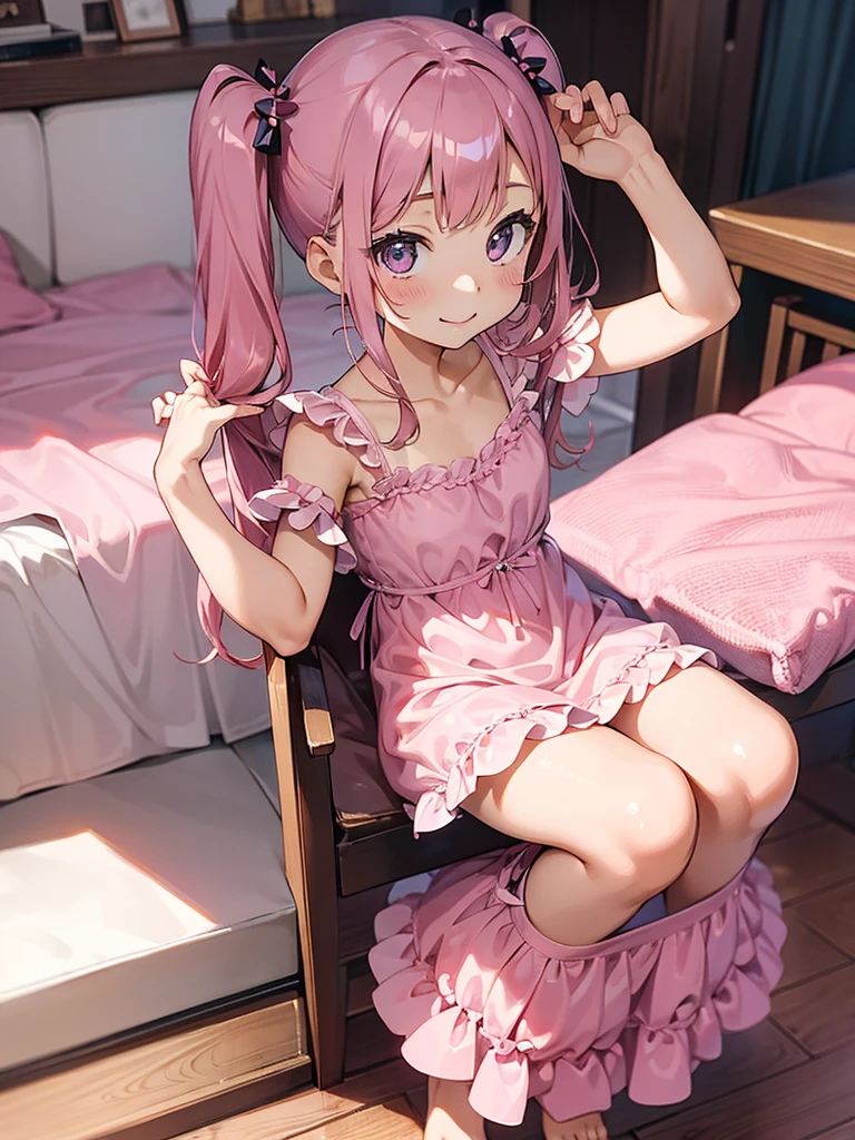 masterpiece, best quality, solo, pink hair, twintails, small breasts, 10yo, (ite),
 smile, standing, p1nkn1ghty, pink negligee, bedroom,