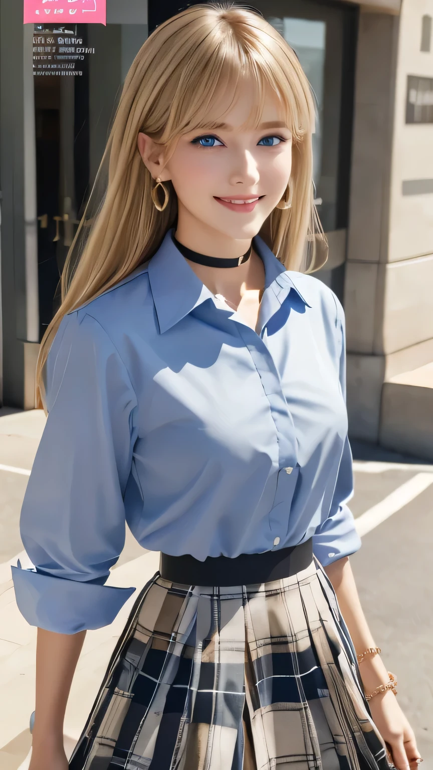 masterpiece, Highest quality, whole body, One girl, bangs, black choker, black tie, (Blonde:1.2), blue skirt, blush, bracelet, chest, choker, clothes The surrounding area waist, clavicle, collared shirt, Cowboy Shot, dress shirt, ear Earrings, Eyebrows visible through hair, Gradient Hair, Grin, Improve, jewelry, Kogal, Long Hair, View your viewers, loose tie, tie, Earrings, Plaid, Plaid skirt, pleated skirt, (blue eyes:1.2), ring, , shirt, skirt, smile, alone, white shirt, street, null, cherry blossoms, petal,figure, (magazine:1.3), (cover-style:1.3), woman, Vibrant, Costume, Pause, front, colorful, dynamic, background, element, have confidence, Performance, Holding, statement, accessories, Majestic, Coiled, The surrounding area, touch, scene, cover, bold, to attract attention, title, stylish, font, Catchy, big, impressive, Modern, trend, concentrated, fashion,