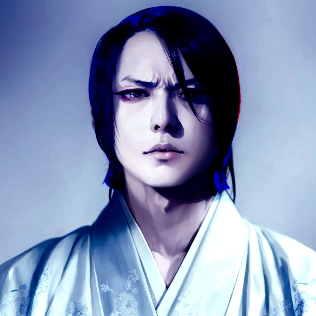 photoreal,Japanese Beautiful androgynous man,black hair,Put out the forehead,White and pale Blue kimono、pale skin, slanted eyes，bigger eyes,sanpaku, half-closed eyes,slanted eyebrows,hooked nose,little angry,thin eyebrows,Atsushi Sakurai