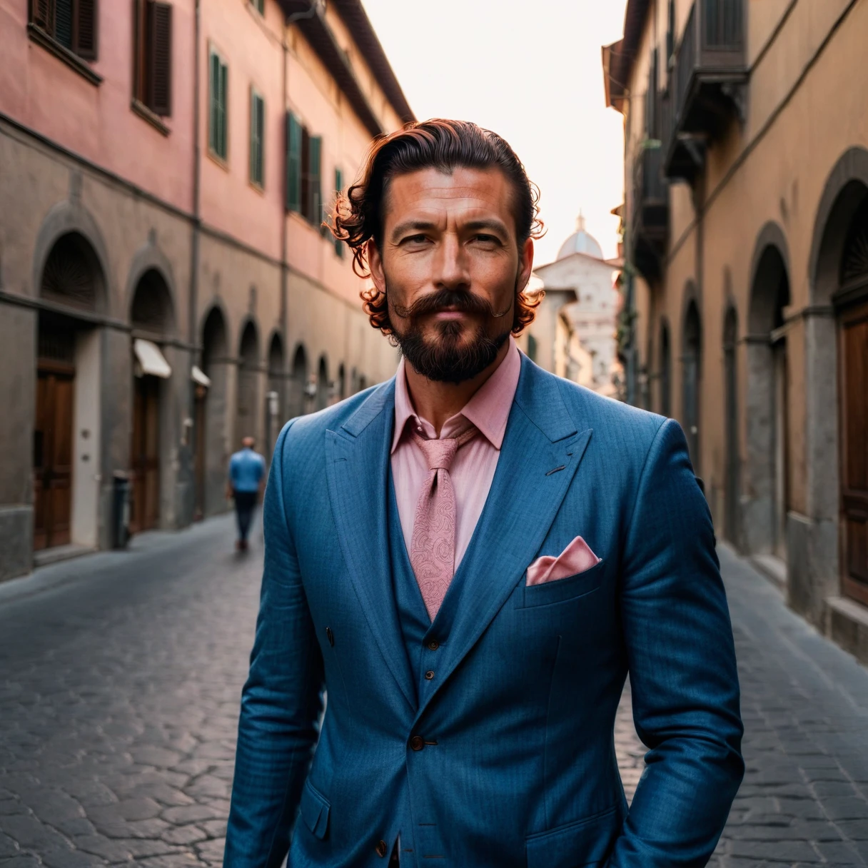 photorealistic, cinematic, raw photo, low angle shot, man, 39 years old, dark red hair, slick back hairstyle, long beard with a lush curled mustache , tattoos everywhere, wearing petrol blue linen suit, pastel pink linen shirt, dark brown knitted tie, walks the streets of Florence  , summer, sunrise, happy, smiling