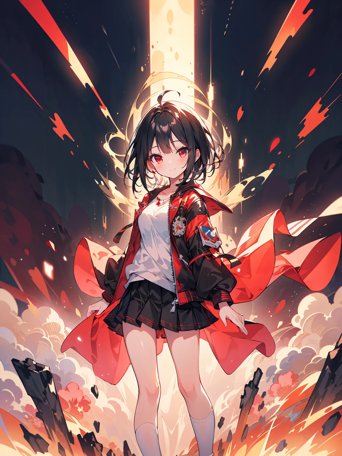 (masterpiece, highest quality, highest quality, (No text), Beautiful and aesthetic:1.2),No text,アニメ、 BREAK,One Girl，Short black hair　Red eyes　cool　smile　Black jacket　mini skirt　whole body　Night view