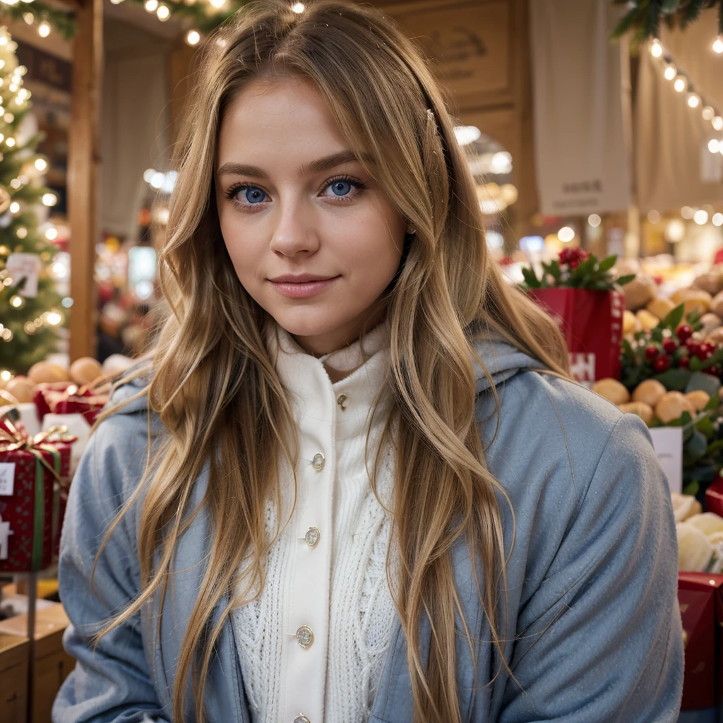 beautiful blonde doing Christmas shopping in a festive market, (dressed in elegant winter coat, avec des décorations lumineuses en arrière-plan et une expression joyeuse.), very detailed, 21 ans, visage innocent, natural wavy hair, blue eye, high resolution, head of'artwork, best quality, intricate details, very detailed, sharpness, detailed skin, realistic skin texture, texture, detailed eyes, professionnel, 4K, charming smile, shot with Canon, 85mm, shallow depth of field, Kodak Vision Color, corps parfaitement ajusté, extremely detailed, Photo_\(ultra\), photorealistic, realistic, Post-traitement, Maximum details, roughness, real life, ultra realistic, photorealism, la photographie, 8k uh, la photographie