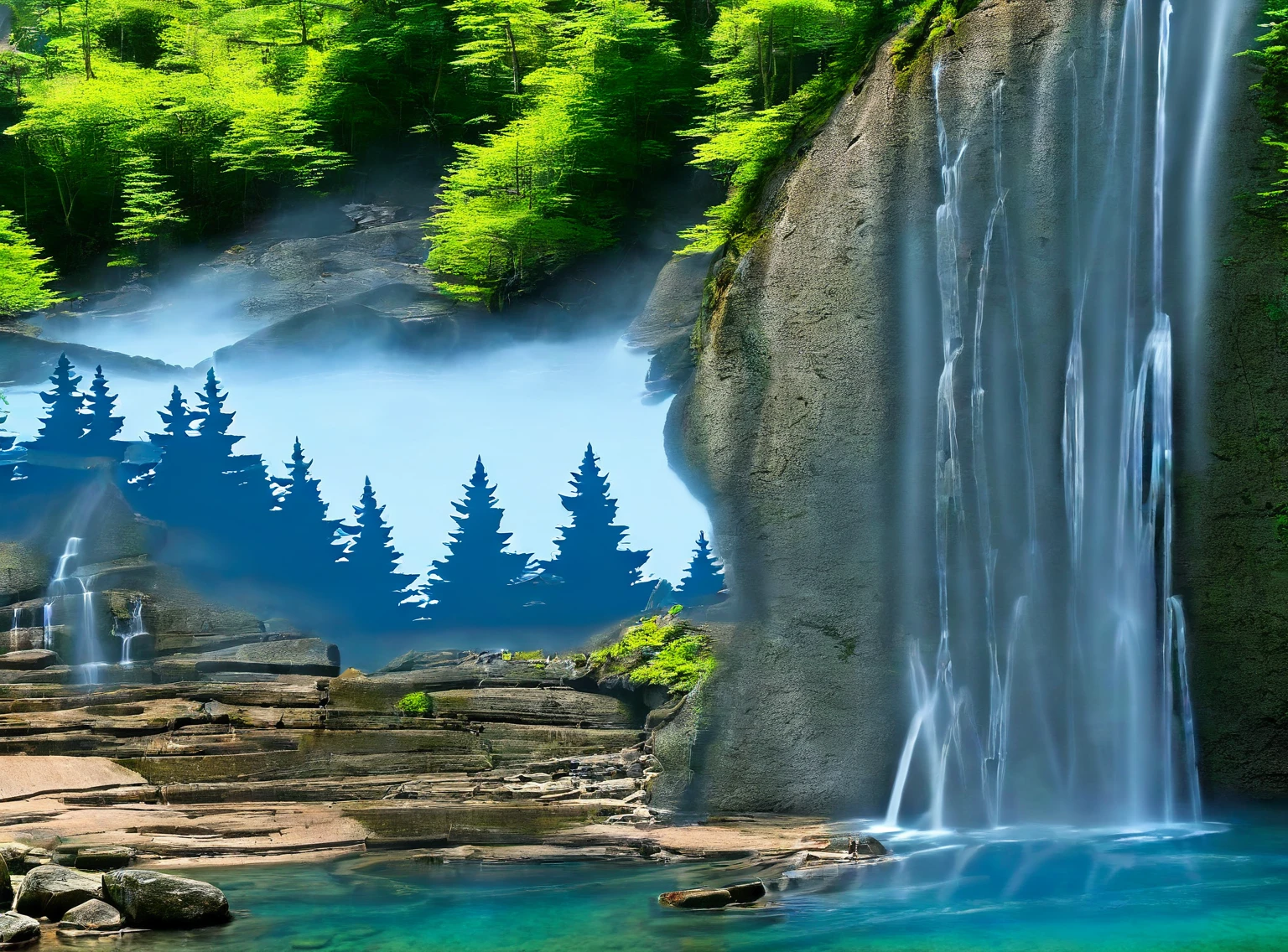 image of a lake in the forest, rocks and waterfall in the foreground, blue water, in the background is the forester's house, wooden pier, tall pines and spruces, Mountains in the distance, watercolor drawing, Oil drawing, oil painting, digital oil