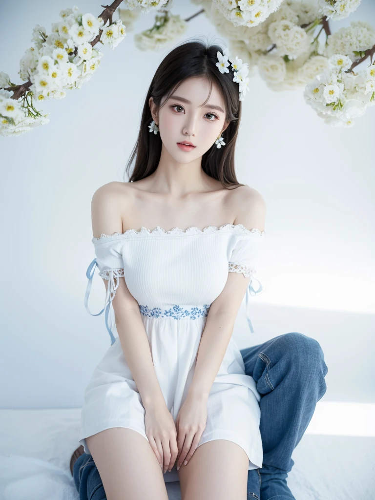 Beautiful woman wearing a blue sky and white mini dress with decorations on the shirt and visible shoulders and wearing boots and being photographed with a white background And And he was on the grass which was beautiful and filled with white flowers , Korean style swag, beautiful face so gorgeous, Beautiful eyes, y2k style