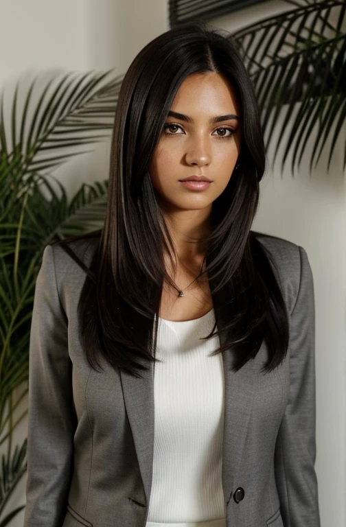1 adult woman, medium hair, straight hair, black hair color, brown smooth skin, eyes browns, serious, vegetation, Occasional, Businesswoman style clothes, gray blazer, realisitic, with white wall background, 8k super realisitic, super detalhado e realisitic