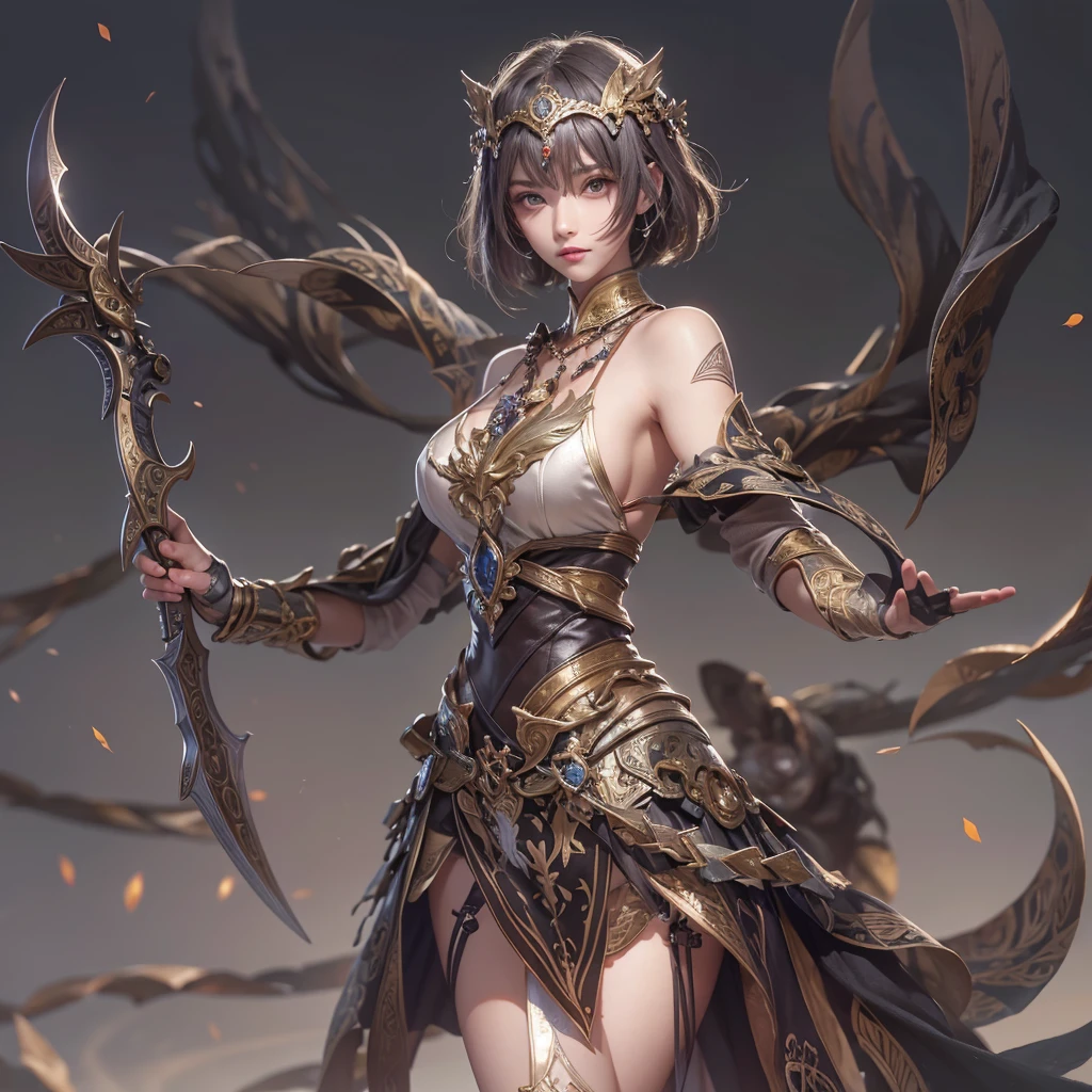 Woman in ancient battle attire、Serious expression、Short-haired、Deadly position, Gorgeous Necklace, scale skin:1.5, Enchanting anime girl, Beautiful and seductive woman, Realistic and perfect body, , Perfect body with realistic shadows, Reptile Eyes:1.5
