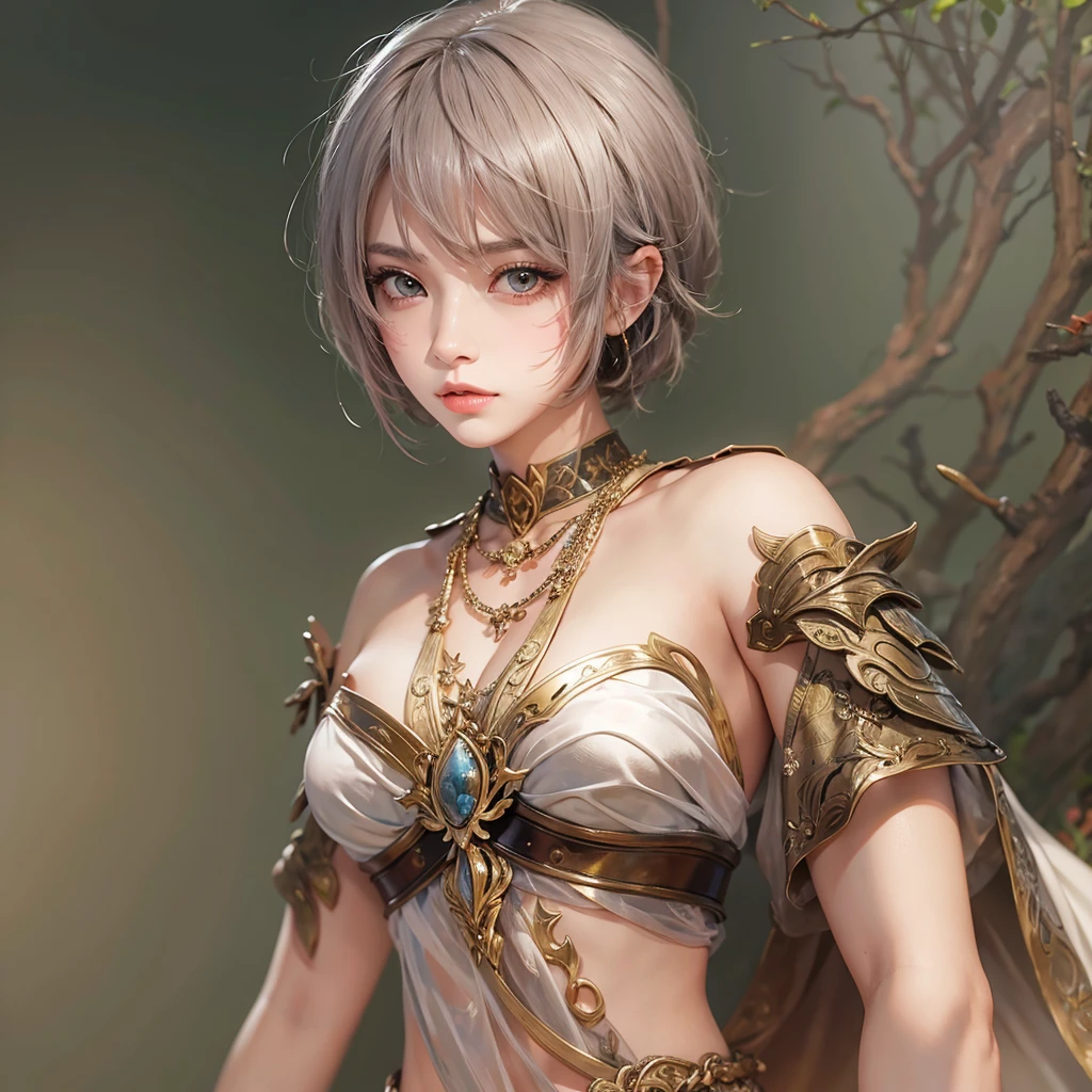Woman in ancient battle attire、Serious expression、Short-haired、Deadly position, Gorgeous Necklace, scale skin:1.5, Enchanting anime girl, Beautiful and seductive woman, Realistic and perfect body, , Perfect body with realistic shadows, Reptile Eyes:1.5