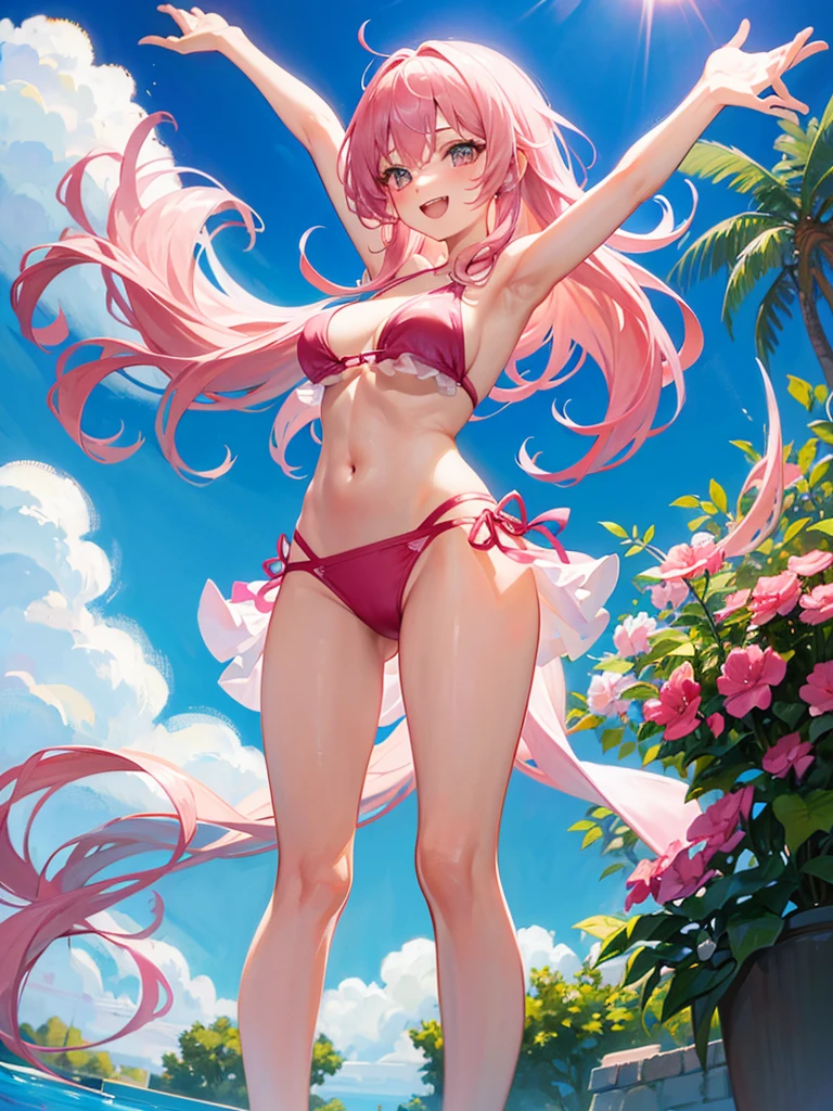 Pink long hair Emphasized large breasts Bikini Swimwear Raising his arms to show his armpits smile Location: Pool
