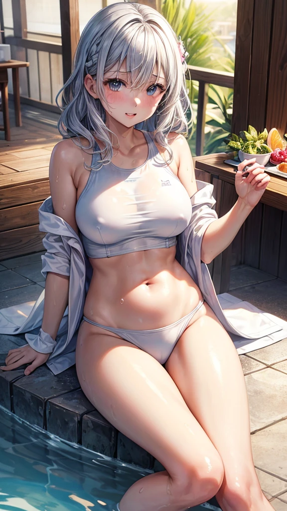 (highest quality)), ((masterpiece)), (family friendly), Perfect Face,Shiny skin,Beautiful breasts,Kyoto Animation style drawing,Shiny skin、hoodie、Sunburned skin、Sweat、Off the shoulder、((White swimsuit))、Double teeth、Sit on a chair、(((Leg spread)))
、Young、Big Breasts、Embrace、hot spring、dark skin、close、near、Having popsicles、night、Silver Hair、Wavy Hair、bath towel、(((Belly button)))、See-through