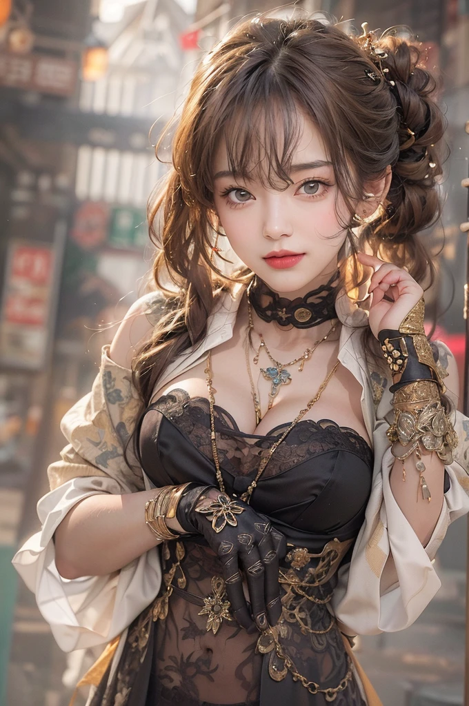 (masterpiece:1.3), (8K, Realistic, RAW Photos, Best image quality: 1.4), Japanese 、18-year-old,(Random Hairstyles:1.2)、Cleavage:1.2、Highly detailed face、Attention to detail、double eyelid、Chest to chest、Sharp focus:1.2、Beautiful woman:1.4、Light brown hair、Highest quality、masterpiece、Ultra-high resolution、(Realistic:1.4)、Highly detailed and professionally lit smiles、Loose fitting steampunk outfit、Shoulder out、thin、Serious expression、Holding a gorgeous necklace in her right hand, In the city、Eat dinner