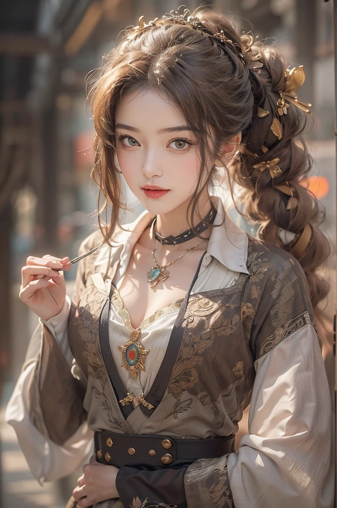 (masterpiece:1.3), (8K, Realistic, RAW Photos, Best image quality: 1.4), Japanese 、18-year-old,(Random Hairstyles:1.2)、Cleavage:1.2、Highly detailed face、Attention to detail、double eyelid、Chest to chest、Sharp focus:1.2、Beautiful woman:1.4、Light brown hair、Highest quality、masterpiece、Ultra-high resolution、(Realistic:1.4)、Highly detailed and professionally lit smiles、Loose fitting steampunk outfit、Shoulder out、thin、Serious expression、Holding a gorgeous necklace in her right hand, In the city、Eat dinner