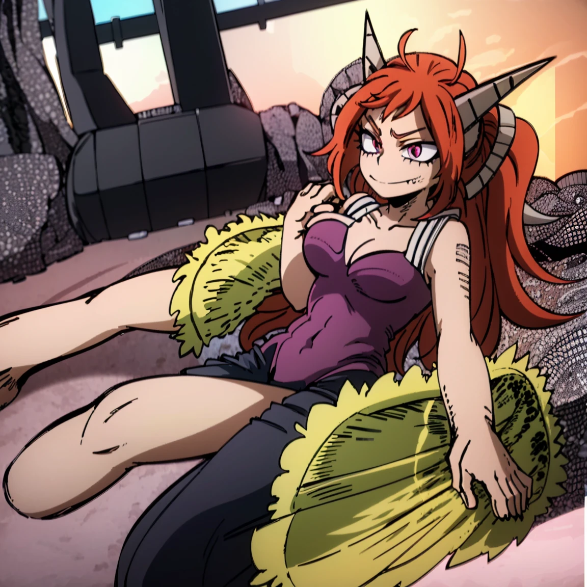 1girl, the siren, the mermaid, adagio dazzle, female focus, boku no hero academia, masterpiece, best quality, very aesthetic, big breasts, long wavy hair, orange hair, magenta eyes, smirk, golden mermaid tail, gills, beautiful, sunset sea