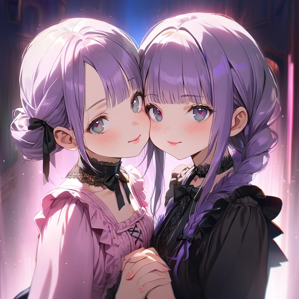 ( 2girls:1.5), (Twin girls, the same face, the same hairstyle, the same eyes, symmetrical posture, cheek-to-cheek,holding hands:1.5),  (one girl iwearing Black gothic lolita outfit, black boots, from side:1.3 ),2girls with closs hair pin,pale purple hair,wavy two braids,blunt bangs hair,green and black eyes,other girl is wearing 
pink shirt,cosplay, jirai kei, bangs, black skirt, black bow, looking at viewer, bow, long sleeves, choker, ribbon,pink lips, :1.4), (masterpiece:1.3), anime visual, (Lovey-dovey:1.5), (tilt head:1.3), extremely delicate face, soft clean focus, realistic lighting and shading, (an extremely delicate and beautiful art:1.3), elegant, (muted colors:1.1), small breast,slim,The Moulin Rouge in Paris, mysterious pink light, a slightly dark room,,smiling,night lit,