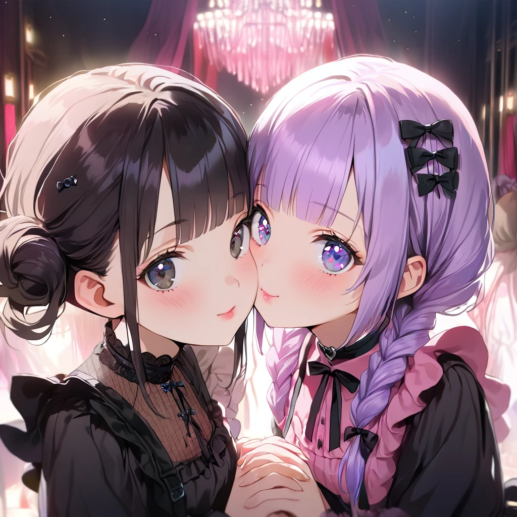 ( 2girls:1.5), (Twin girls, the same face, the same hairstyle, the same eyes, symmetrical posture, cheek-to-cheek,holding hands:1.5),  (one girl iwearing Black gothic lolita outfit, black boots, from side:1.3 ),2girls with closs hair pin,pale purple hair,wavy two braids,blunt bangs hair,green and black eyes,other girl is wearing 
pink shirt,cosplay, jirai kei, bangs, black skirt, black bow, looking at viewer, bow, long sleeves, choker, ribbon,pink lips, :1.4), (masterpiece:1.3), anime visual, (Lovey-dovey:1.5), (tilt head:1.3), extremely delicate face, soft clean focus, realistic lighting and shading, (an extremely delicate and beautiful art:1.3), elegant, (muted colors:1.1), small breast,slim,The Moulin Rouge in Paris, mysterious pink light, a slightly dark room,,smiling,night lit,