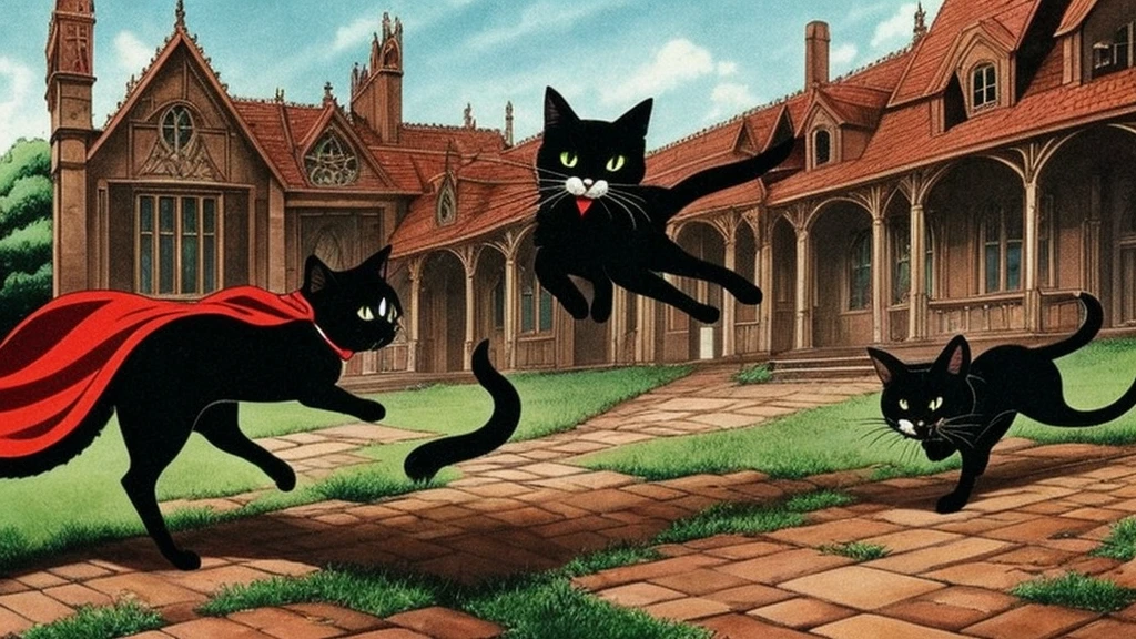 a black cat, red cape, amulet collar, chases after rat in a gothic mansion, high detail, atmospheric, 1980s anime screen caps 