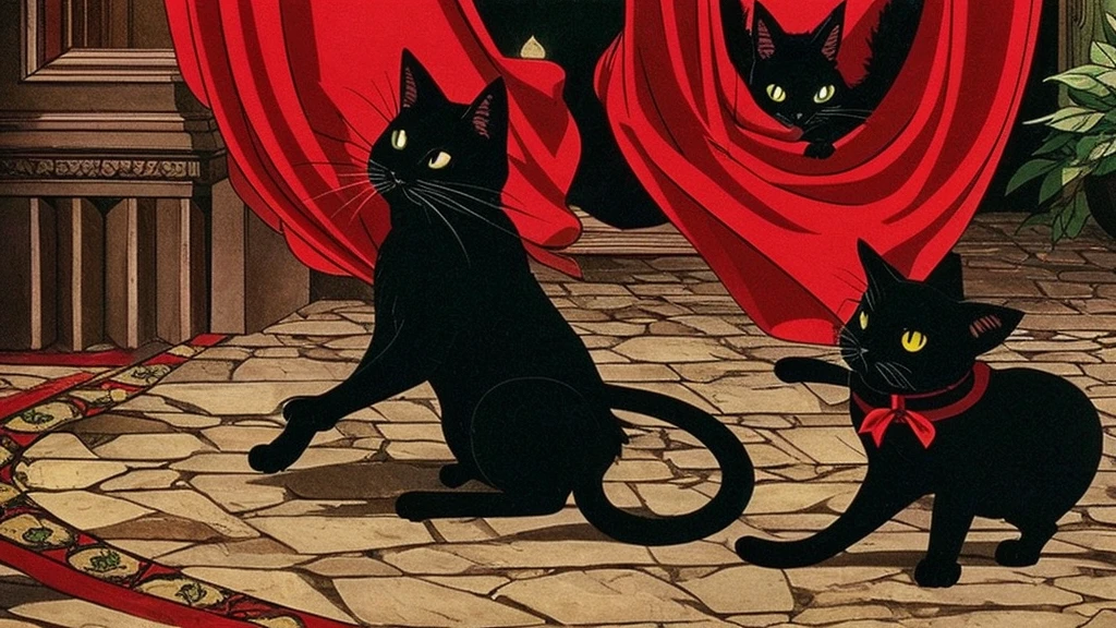 a black cat, red cape, amulet collar, chases after rat in a gothic mansion, high detail, atmospheric, 1980s anime screen caps