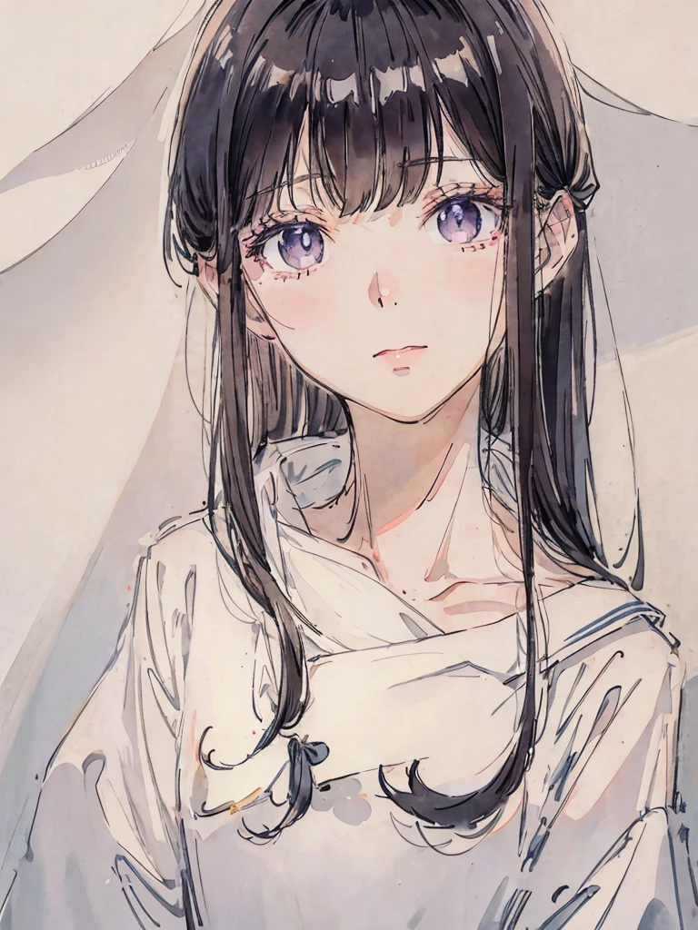 a sailor suit、A dark-haired、Light color、Soft lighting、a pale、Bangs on the eyes、Photo Studio、泣き顔、涙